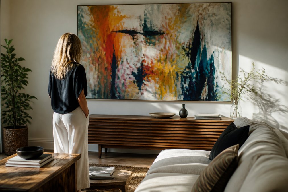Homeowner standing in front of a living room wall, admiring a large original abstract painting with vibrant colors and dynamic brushstrokes, natural sunlight illuminating the artwork and casting subtle shadows on the surrounding wall and furniture