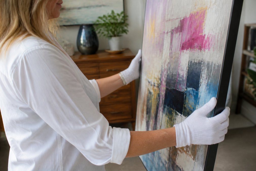 Close-up of hands carefully handling an original abstract canvas painting, demonstrating proper technique for inspection and preservation, with soft natural light illuminating the brushwork and texture of the artwork