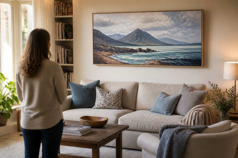 Person admiring a large original Scottish painting hanging above a sofa in a bright, sunlit living room.