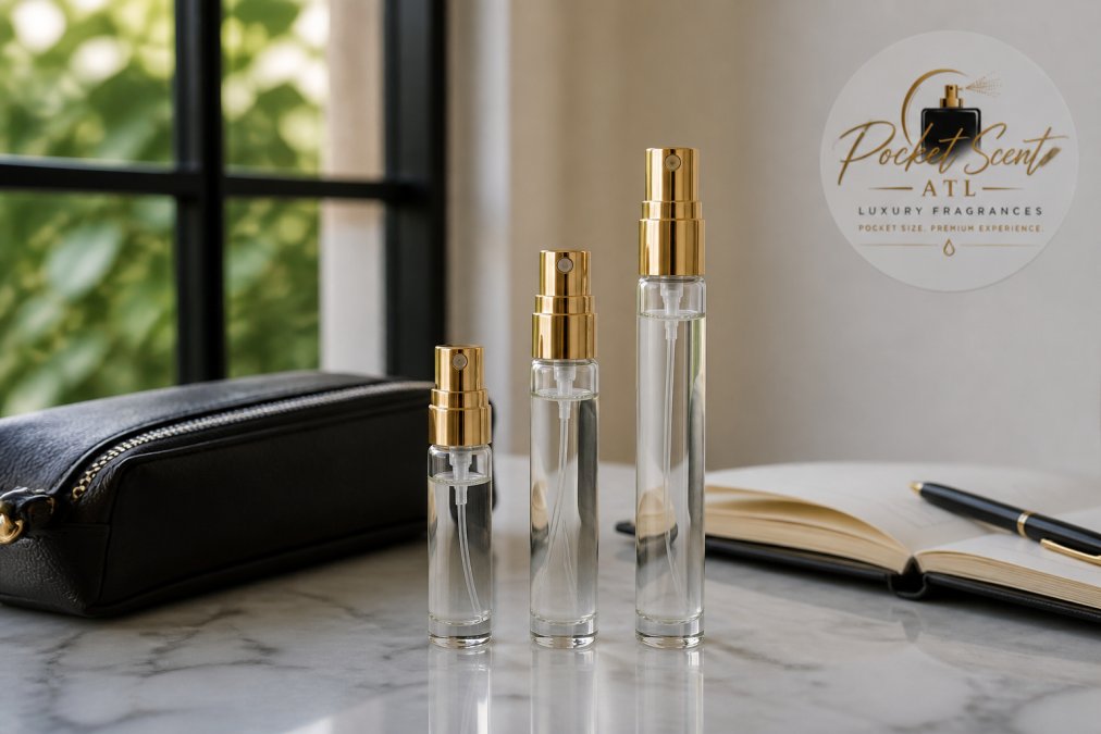 Close-up of three glass fragrance sample spray bottles of different sizes arranged on a marble surface beside a small leather travel pouch and an open notebook, soft natural window light