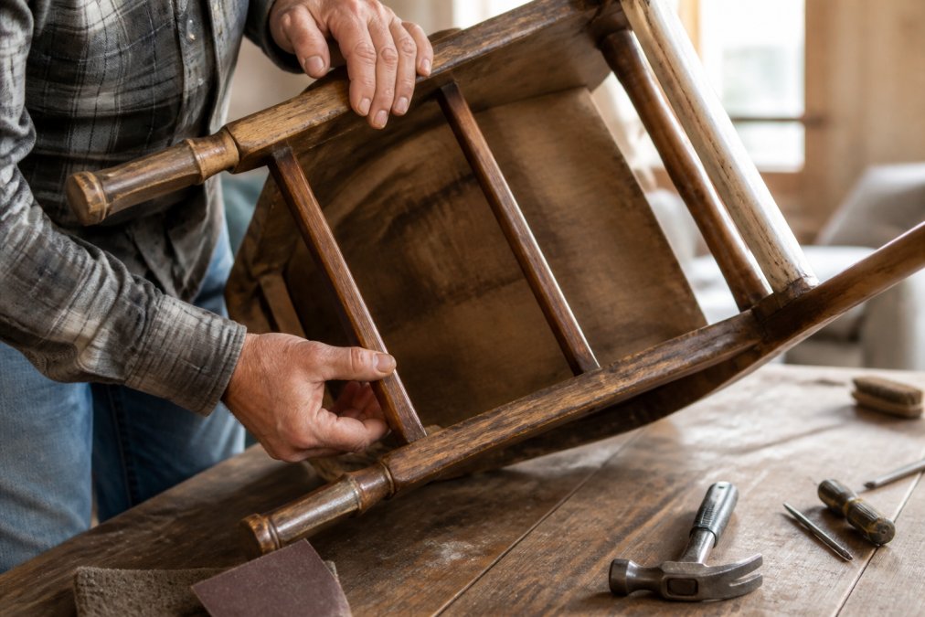 Close-up of hands inspecting wooden chair joints and underside construction, checking for damage and solid wood craftsmanship in natural light