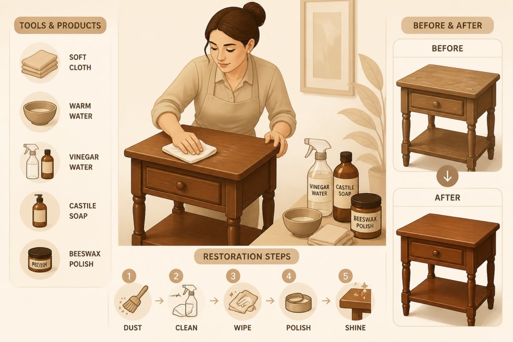 Person carefully cleaning wooden side table with soft cloth and natural products, showing restoration work in progress with gentle technique