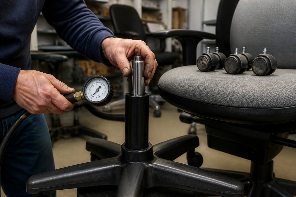 Close-up of hands performing detailed inspection of a Steelcase chair's pneumatic cylinder with a pressure test gauge, examining the metal stem and base, alongside inspection of worn casters and upholstery seams under bright workshop lighting
