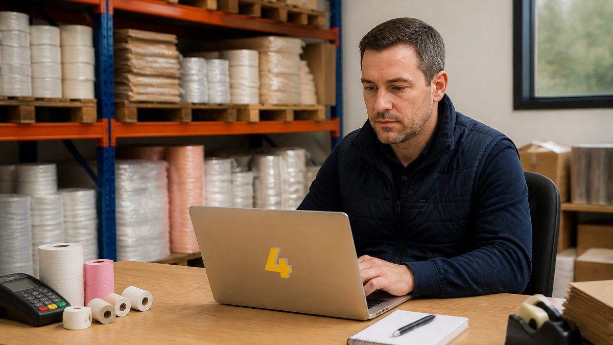 Retail store owner at desk reviewing online orders on laptop, with till rolls and packaging supplies stacked on shelves in background