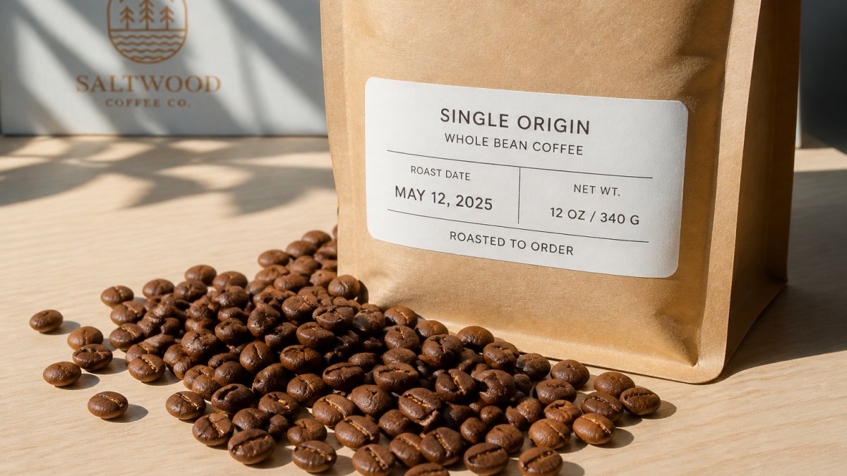 Close-up of a coffee bag label showing the roast date clearly printed, with freshly roasted whole beans spilling onto a light wooden surface in morning sunlight