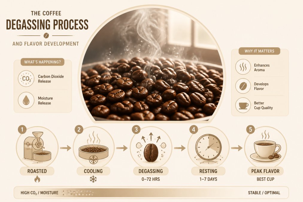 Close-up of freshly roasted coffee beans with visible steam and moisture rising from them in natural window light, showing the active degassing process immediately after cooling