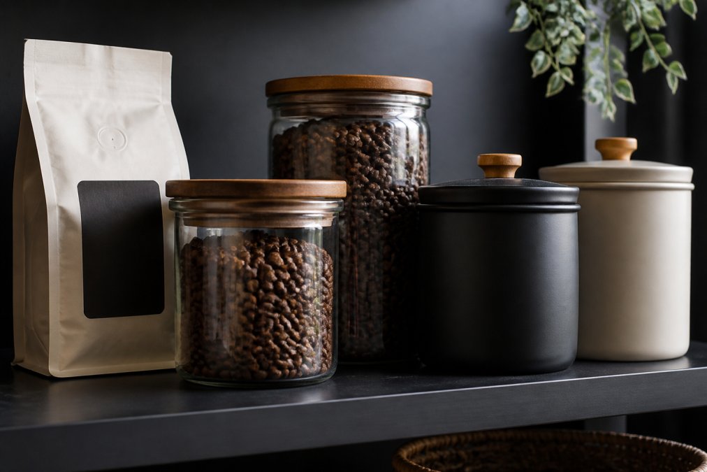 Kitchen counter displaying multiple coffee storage containers including airtight glass jars, opaque ceramic canisters with sealed lids, and the original roasted to order packaging bag, arranged on a cool dark shelf away from direct light