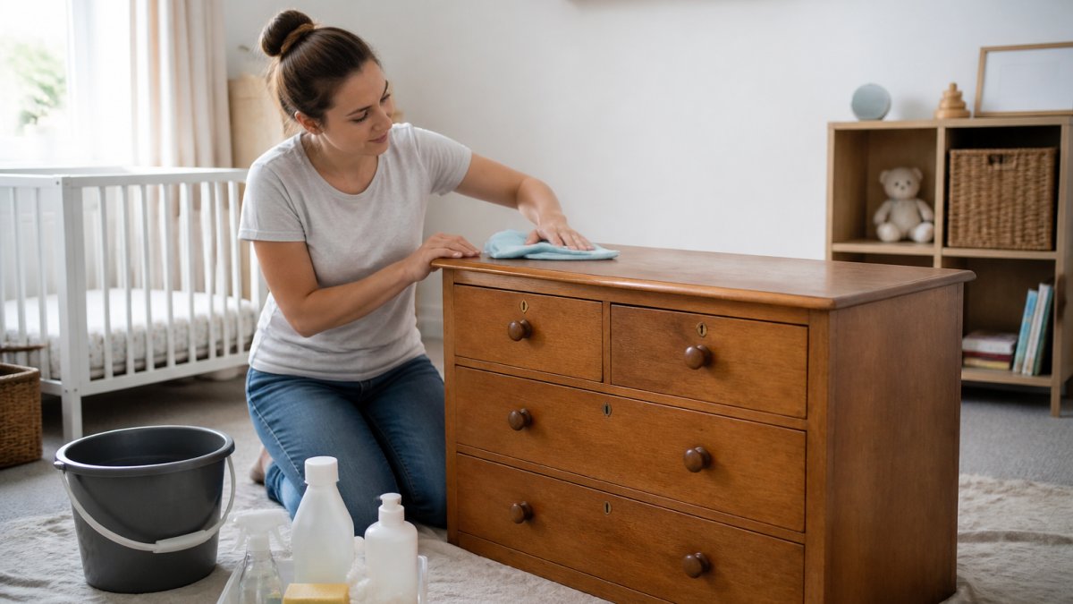 A parent in a bright nursery wiping down a wooden secondhand chest of drawers with a damp cloth, cleaning supplies and a bucket on a dust sheet nearby, soft daylight from a window