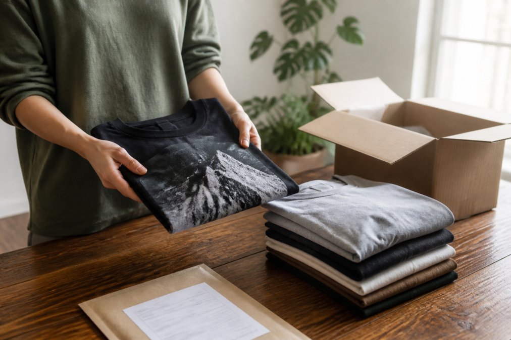 A person holding a folded graphic t-shirt next to a small stack of clothing on a wooden table, with a cardboard shipping box and packing slip nearby in a home setting