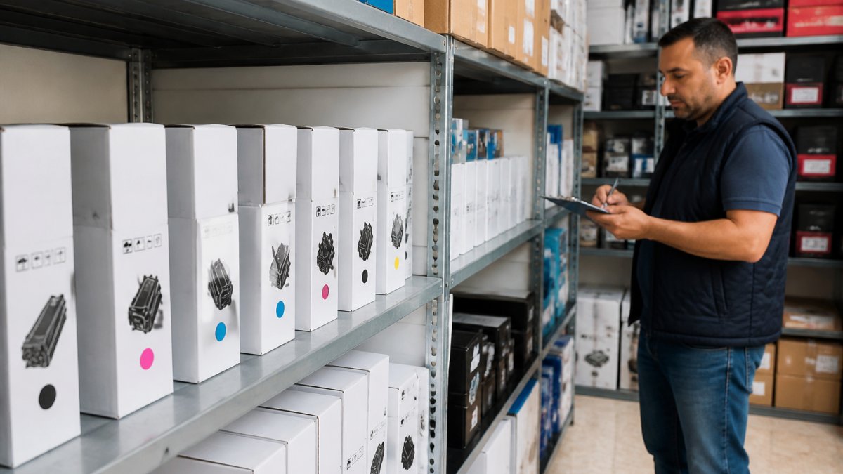 A neat storage shelf in a Lebanese office supply room holding several boxed toner cartridges upright, with a staff member in the background checking inventory on a clipboard