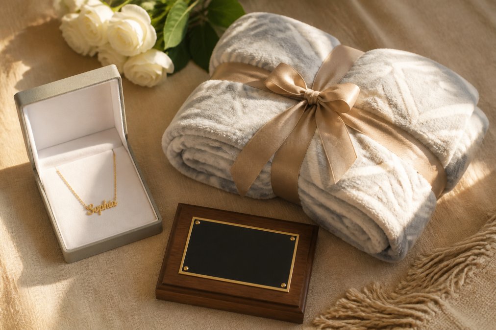A flat-lay arrangement of personalized gifts including a custom name necklace, a neatly folded cozy blanket, and a small commemorative plaque arranged on a warm-toned linen surface in soft natural light