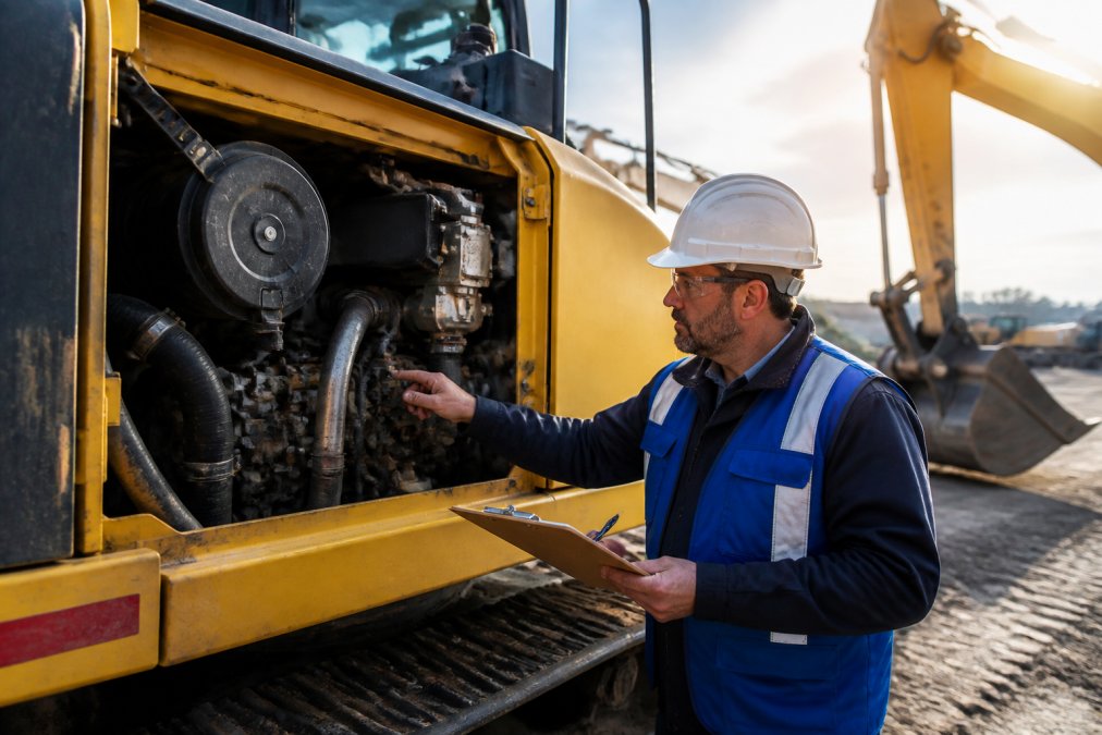 Professional equipment inspector examining the engine compartment of a used excavator with diagnostic tools, holding a clipboard with inspection notes, outdoor construction site with morning light