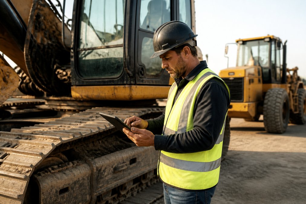 Construction site supervisor reviewing detailed equipment maintenance records and cost documentation on a tablet while standing next to heavy machinery in afternoon sunlight