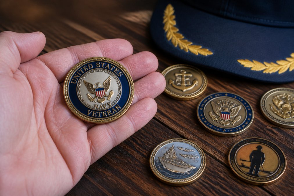 Infographic displaying the historical significance and collection process of commemorative military challenge coins