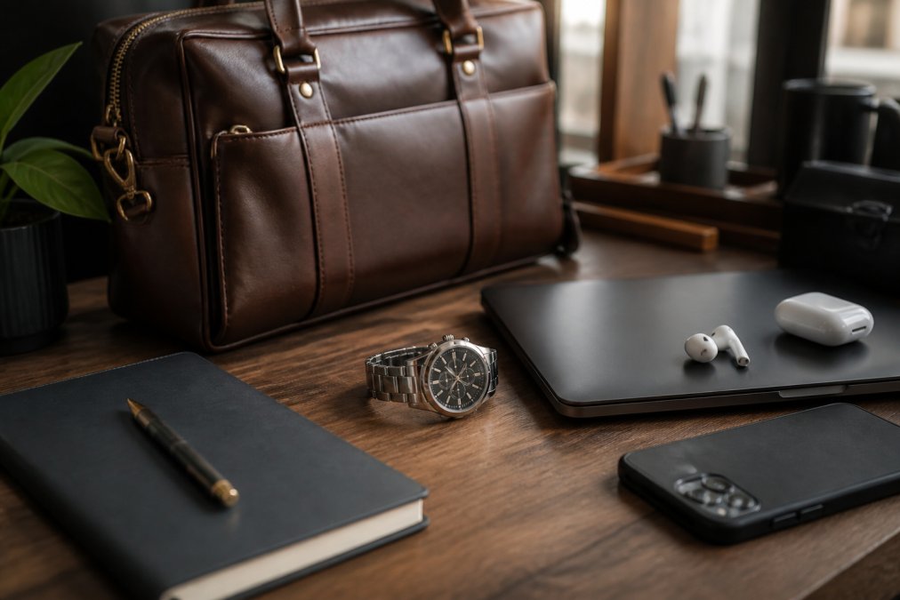 Professional workspace with high-quality watch, durable leather bag, and well-maintained electronics arranged on wooden desk, emphasizing timeless design and craftsmanship