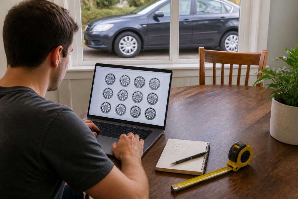 A person sitting at a kitchen table with a laptop open to a wheel cover website, a tape measure and a notepad with wheel size measurements beside them, and a car visible through the window