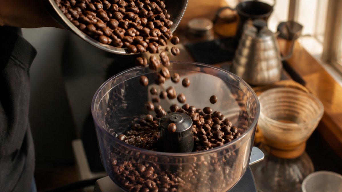 Close-up of freshly roasted whole coffee beans cascading into a burr grinder hopper, with individual beans in sharp focus and warm morning light streaming across the scene