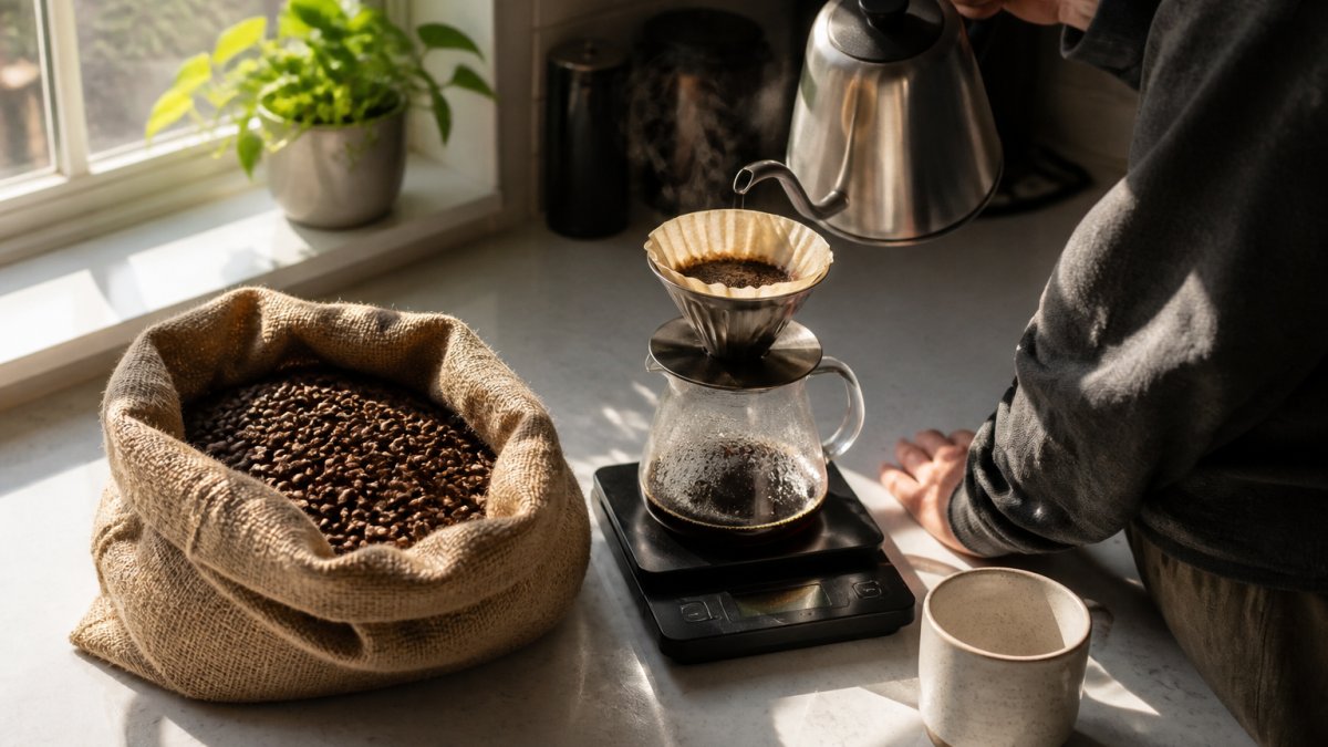 Overhead shot of a kitchen counter with a burlap bag of whole coffee beans, a digital kitchen scale, and a steaming pour-over carafe, morning light through a window