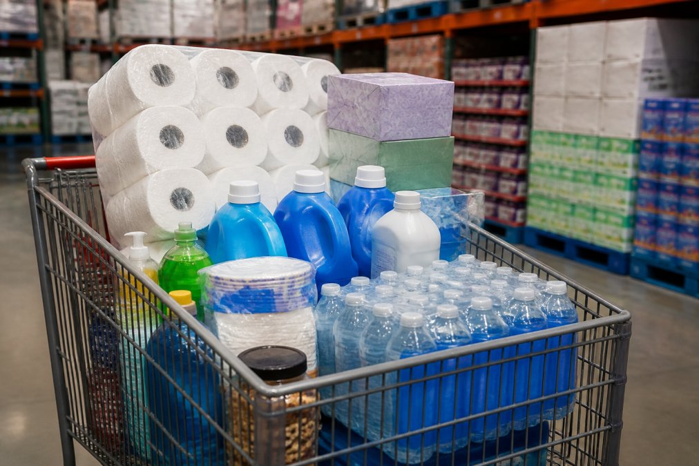 A close-up shot of a shopping cart filled with bulk household essentials including paper products, cleaning supplies, toiletries, and non-perishable goods at a warehouse store