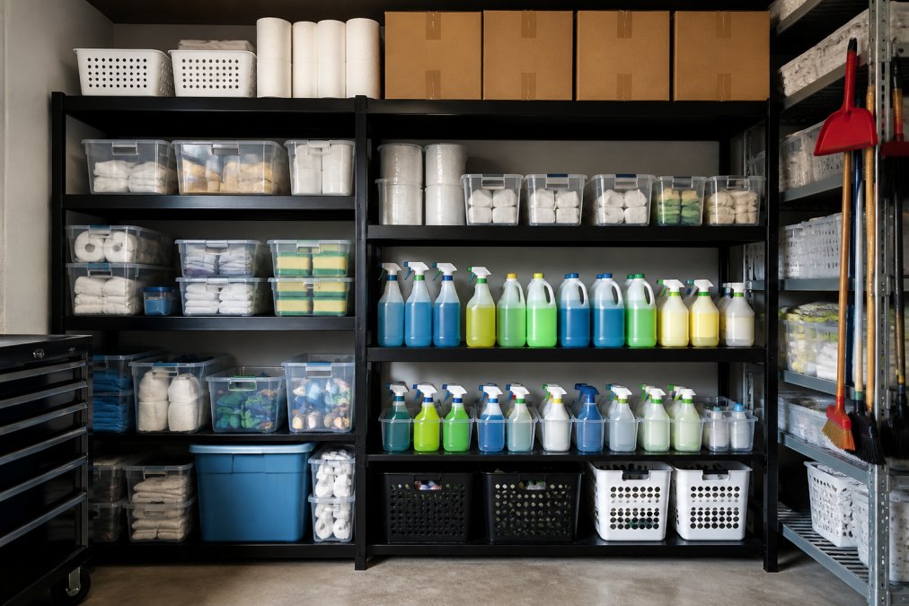 An organized home storage space with shelves stocked with bulk household supplies, cleaning products neatly arranged in clear containers, and labeled boxes stacked efficiently