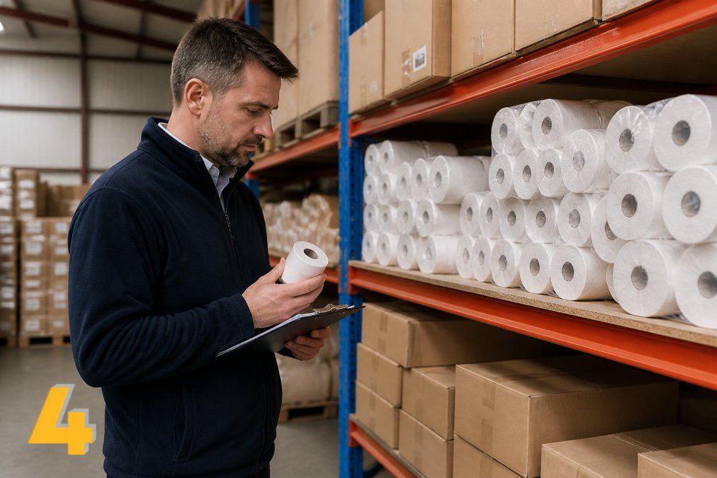 Retail store manager checking inventory on shelves, organised boxes of till rolls stacked neatly in a warehouse or stockroom, natural warehouse lighting