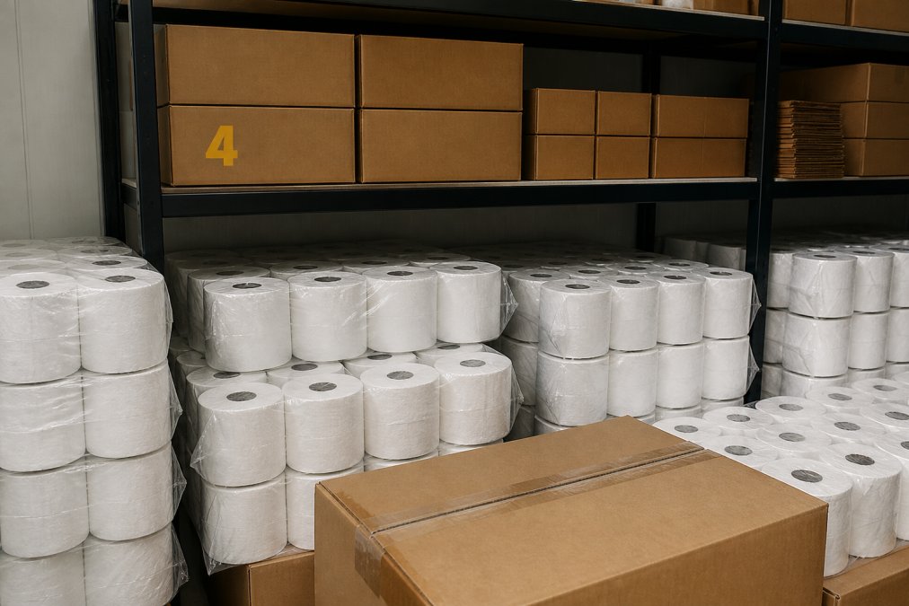 Close-up of thermal paper rolls stored in a cool, dry environment, showing proper stacking and protective packaging, cardboard boxes organised on shelves