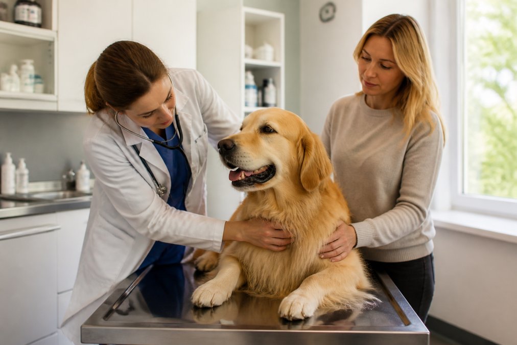 Veterinarian performing thorough physical examination on golden retriever in bright, modern exam room with attentive dog owner watching beside the examination table