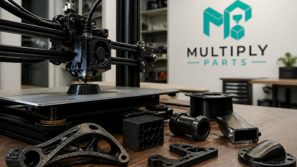 Benefits of Carbon Fiber Reinforced 3D Printing 2 Close-up of a 3D printer nozzle laying down carbon fiber reinforced filament onto a build plate, with finished lightweight parts visible in the foreground