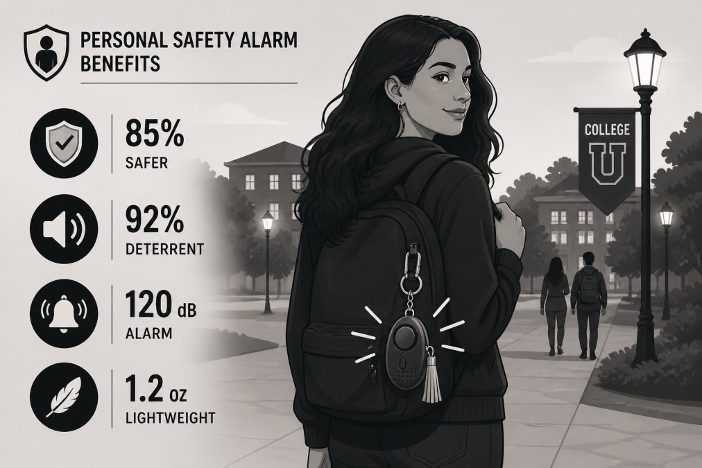 Young woman walking on a college campus at dusk with a personal safety alarm keychain visible on her bag, showing confidence and awareness of surroundings