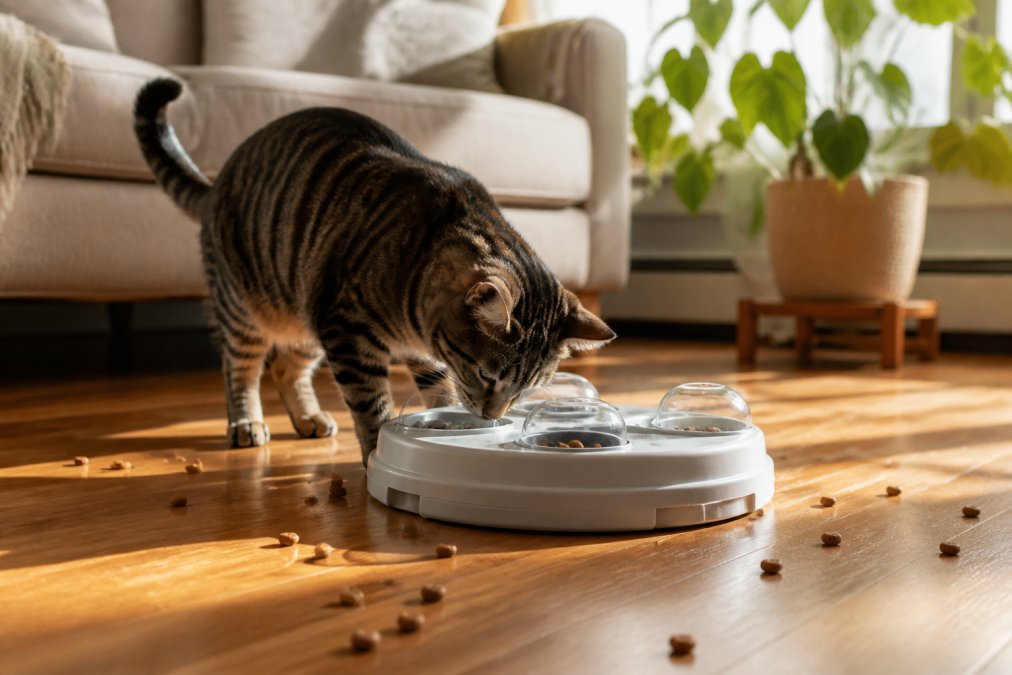 A tabby cat nudging a puzzle feeder bowl with its nose in a sunlit living room, kibble scattered on the hardwood floor around the toy
