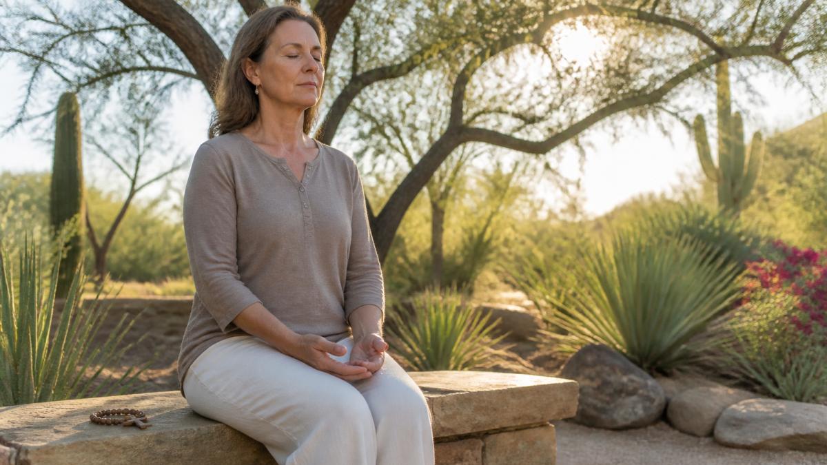 A woman in her 50s sitting quietly on a sunlit stone bench in a desert garden, eyes closed, hands resting open in her lap, a small wooden rosary beside her and open mesquite trees behind, soft morning light