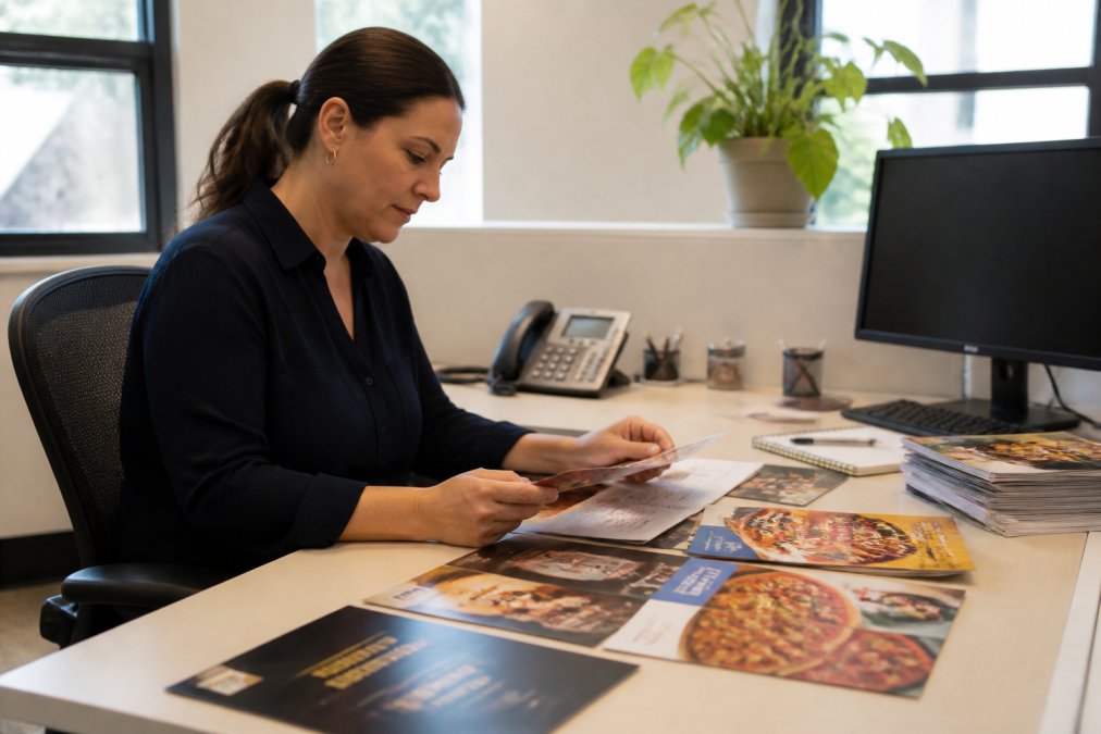A procurement officer at a clean desk reviewing branded marketing collateral samples from multiple store locations, with a digital dashboard showing order status on a nearby monitor, bright office lighting