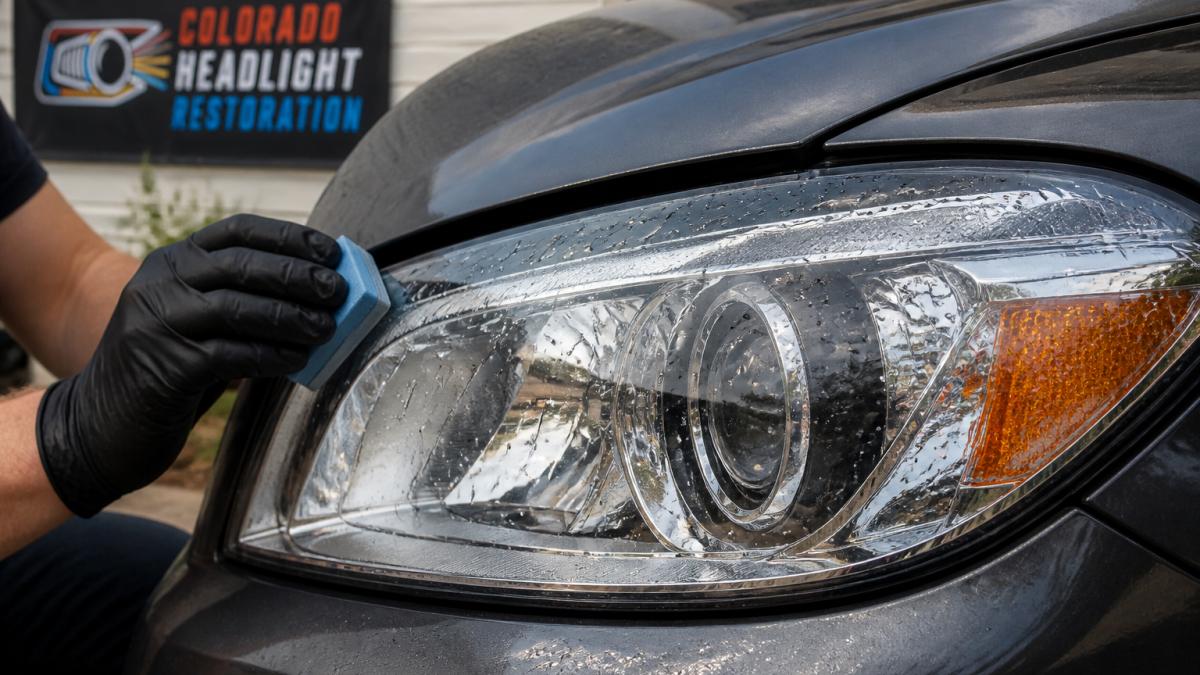 Close-up of a restored headlight lens showing crystal-clear transparency with visible water beading on the surface after ceramic coating application, professional detail work visible
