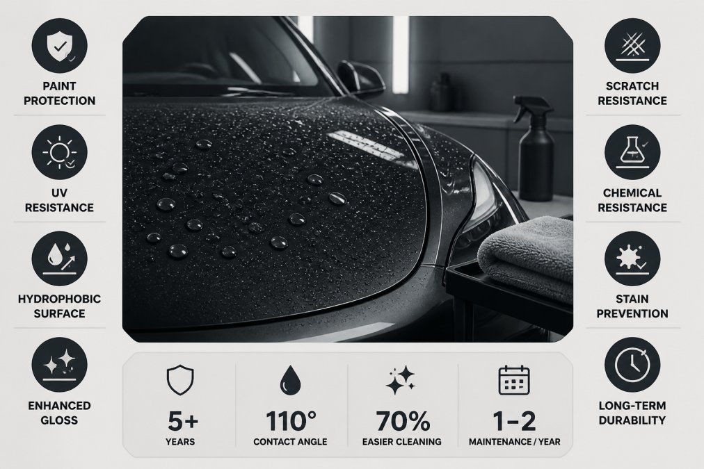 Water beading on a glossy dark Tesla hood, showcasing the benefits of ceramic coating for Tesla paint protection.