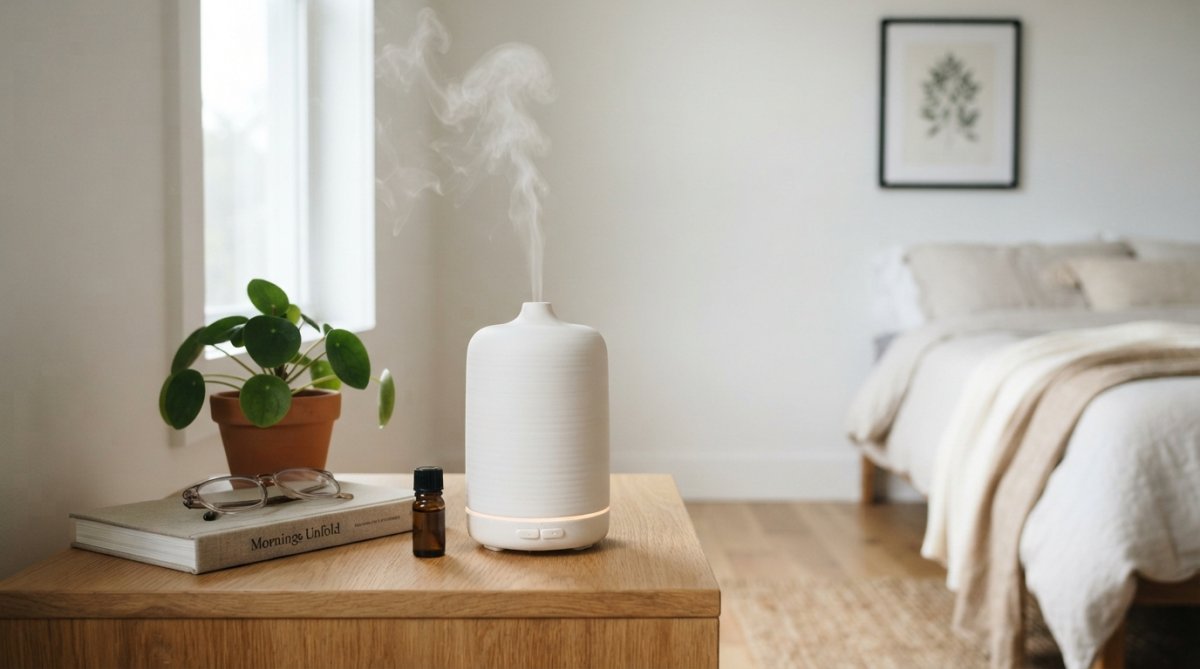 A matte white ceramic essential oil diffuser sits on a wooden nightstand in a bright, minimalist bedroom, soft mist rising from its top, with a green plant and a closed book nearby