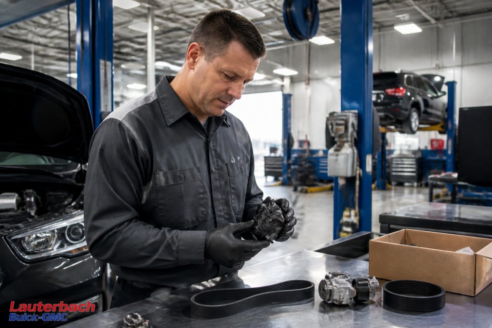 Certified technician in professional service bay examining genuine GM parts with diagnostic equipment visible on workbench, bright overhead lighting