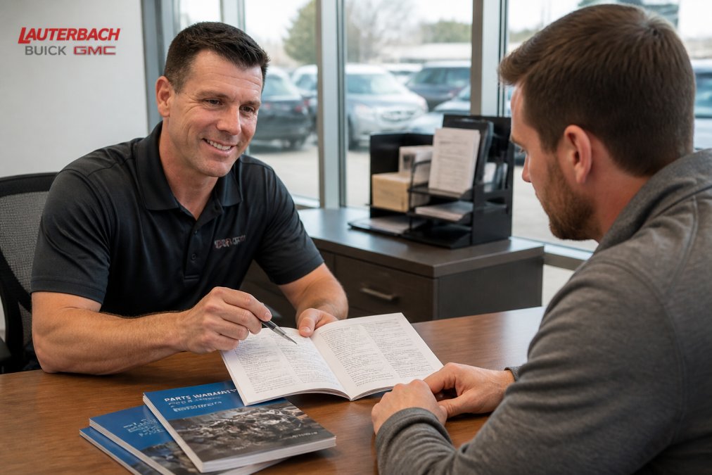 Service advisor in dealership office reviewing warranty documentation with customer, professional setting with warranty booklets and vehicle information displayed