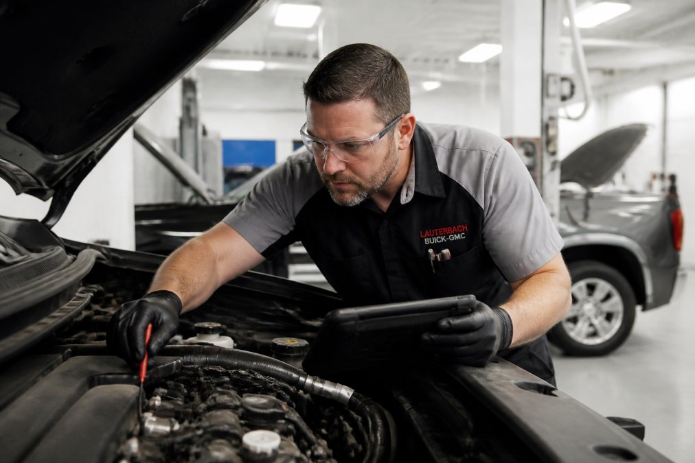 Professional certified technician performing detailed vehicle inspection under the hood with diagnostic equipment in modern service bay with bright overhead lighting