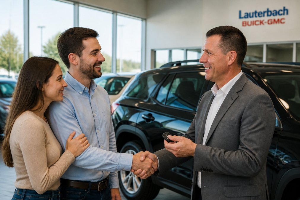 Satisfied customer shaking hands with professional salesperson at dealership, exchanging keys in modern showroom with natural lighting