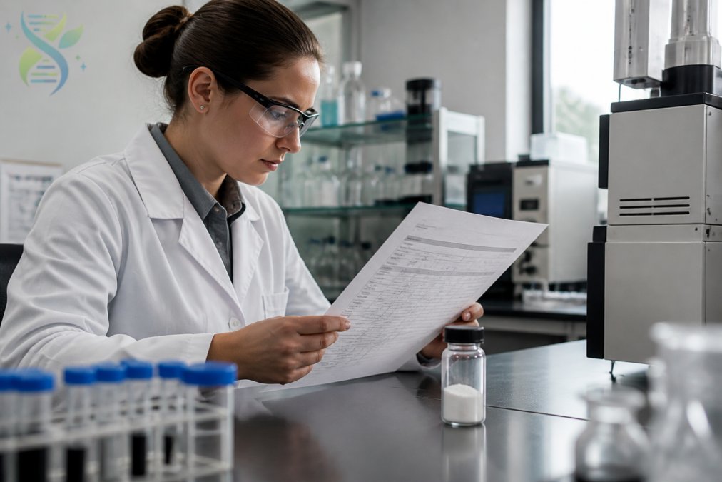 A scientist in a laboratory coat carefully examining a certificate of analysis document next to a vial of peptide powder, with analytical testing equipment visible in the background