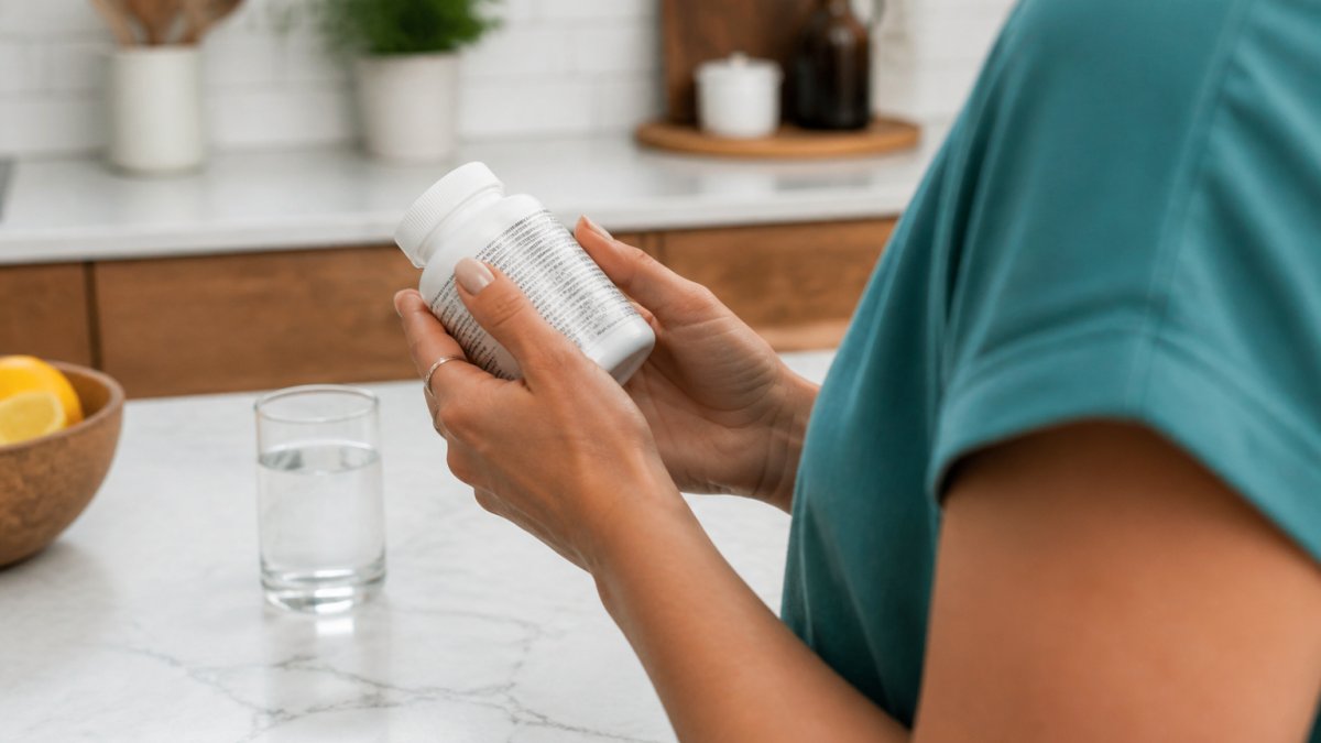 Person reading the label on a supplement bottle in a bright kitchen with a glass of water nearby
