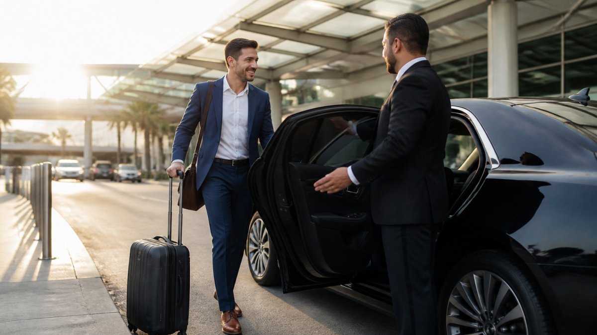Professional chauffeur in dark suit opening rear passenger door for business traveler with luggage at modern airport curb, luxury sedan visible, morning sunlight