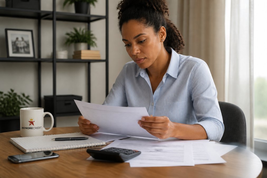 Person sitting at home desk reviewing credit report on laptop with documents and coffee, looking focused and determined