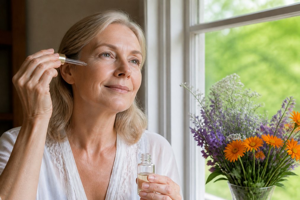 Woman in her 50s applying botanical serum to her face in natural morning light near a window, with fresh flowers visible in the background