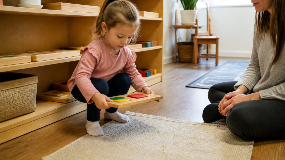 A preschooler choosing a puzzle for child-led learning while a teacher observes nearby.
