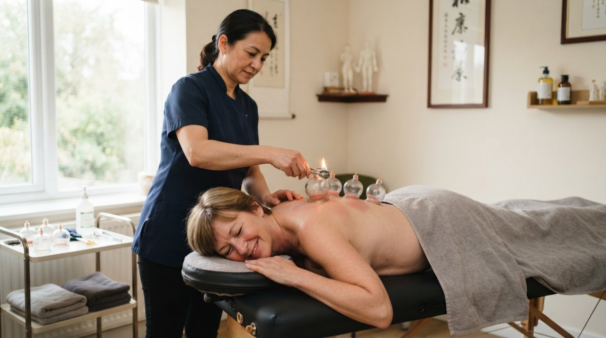 A middle-aged woman lying comfortably on a treatment couch in a calm, well-lit therapy room, with a practitioner in professional attire placing glass cups on her upper back, soft natural light and neutral tones