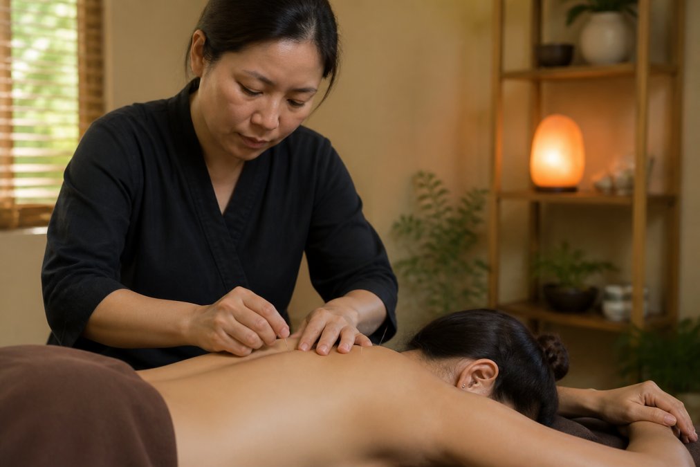 Professional acupuncturist inserting fine needles into patient's back during treatment in serene wellness room with soft warm lighting and calming environment