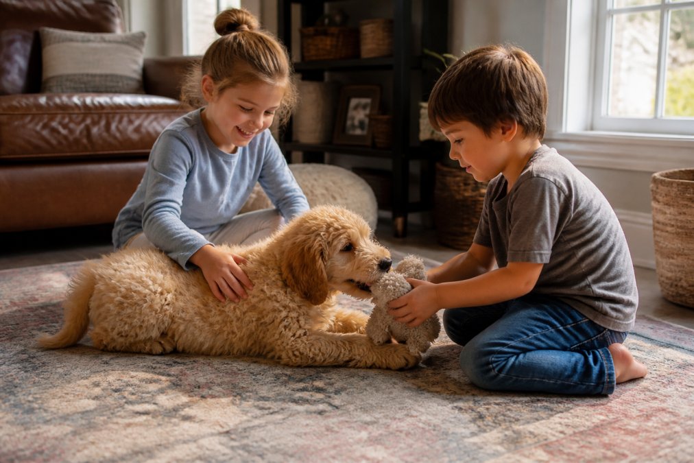 A fluffy golden Goldendoodle puppy playing gently on a living room floor with two young children, warm natural light streaming through a nearby window, cozy home setting with soft rugs and family furniture