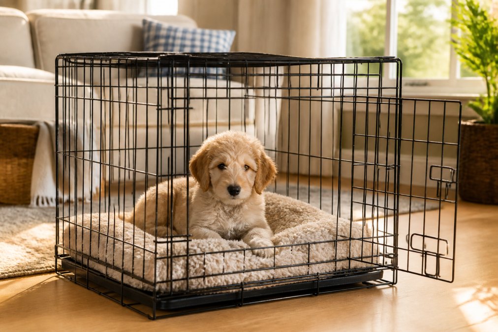 A young Goldendoodle puppy resting calmly inside an open wire crate lined with a soft cream-colored blanket, in a bright family living room with warm afternoon light