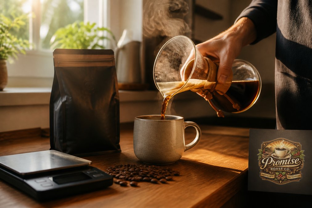 A person pouring fresh single origin coffee into a mug on a sunlit wooden kitchen counter with a coffee scale nearby.